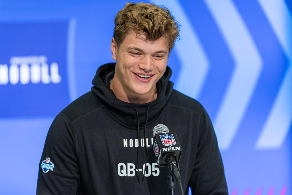 Michigan quarterback J J McCarthy talks to the media during the 2024 NFL combine on Friday, March 1, 2024, in Indianapolis.