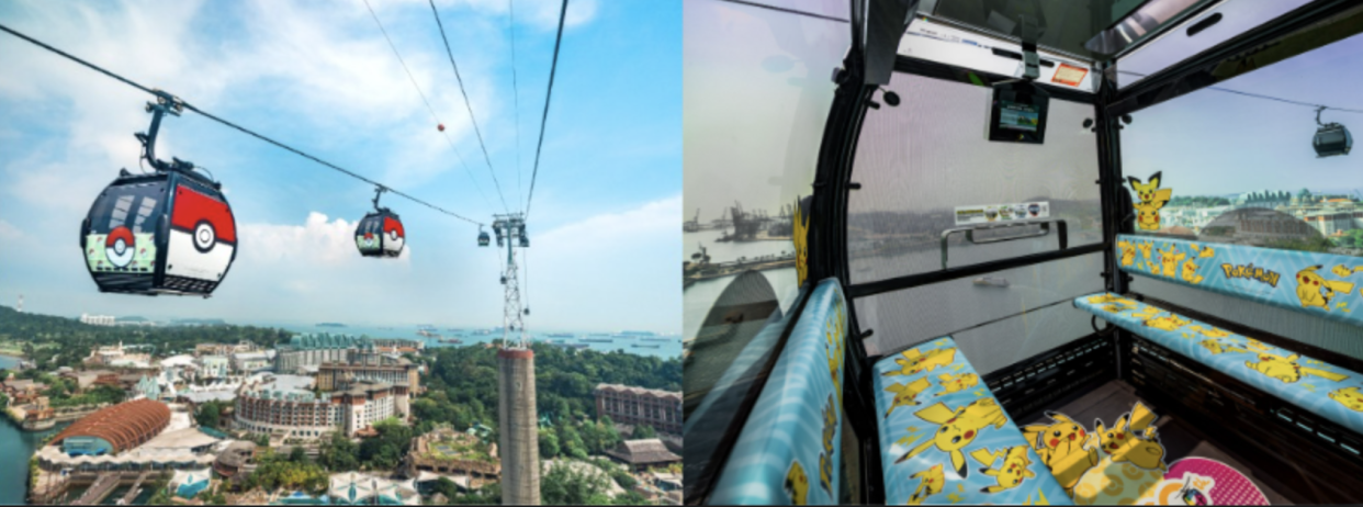 A collage of the Pokemon-themed cable cars at Sentosa