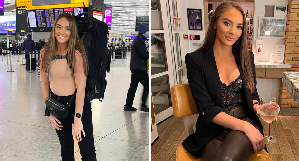 Sophie Matthews pictured left at an airport wearing a big bag and on the right holding a glass of wine.