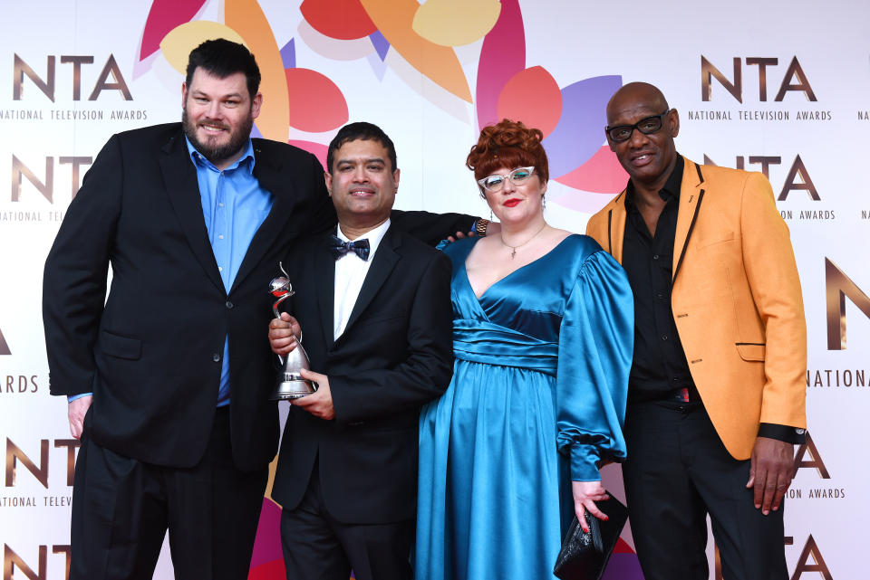 Mark Labbett, Paul Sinha, Jenny Ryan and Shaun Wallace of The Chase with the Best Quiz Show in the winners room during the National Television Awards held at The O2 Arena on January 22, 2019 in London, England. (Photo by Joe Maher/WireImage)