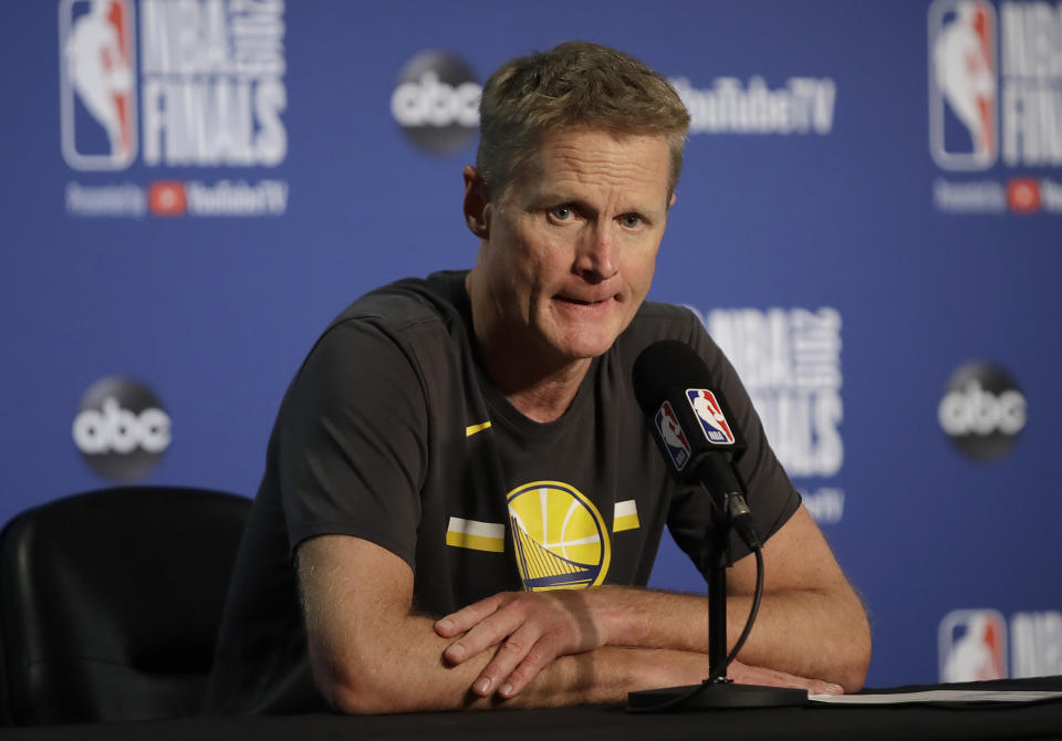 Golden State Warriors head coach Steve Kerr speaks at a news conference after Game 3 of basketball's NBA Finals between the Warriors and the Toronto Raptors in Oakland, Calif., Wednesday, June 5, 2019. (AP Photo/Ben Margot)