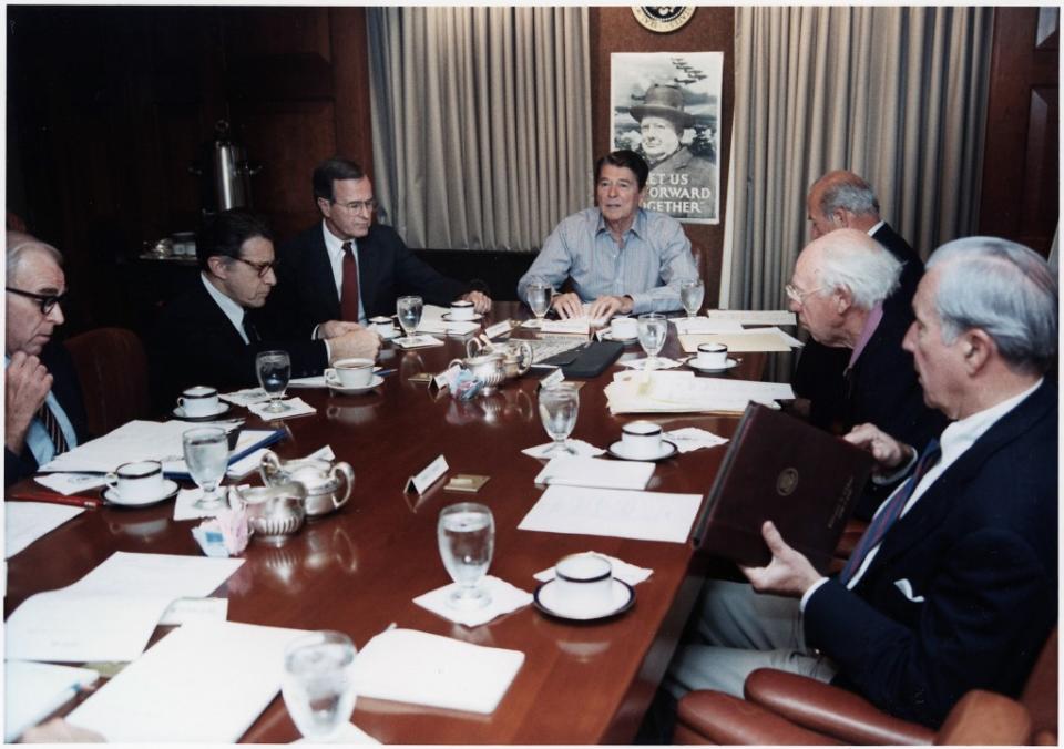 Reagan (at head of table) liked the Situation Room. He “wanted to be in the place where things happened,” Stephanopoulos writes. Universal Images Group via Getty Images