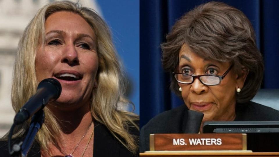 Republican House member Marjorie Taylor Greene (left) released a statement Sunday saying that she will introduce a resolution to expel longtime California Rep. Maxine Waters (right) from Congress. (Photos by Drew Angerer and Stefani Reynolds-Pool/Getty Images)