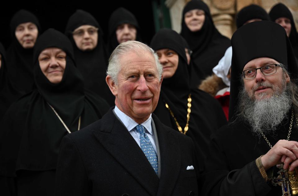 JERUSALEM, ISRAEL - JANUARY 24: Prince Charles, Prince of Wales (C) at the Church of St Mary Magdalene where Charles' grandmother Princess Alice is buried at the Mount of Olives on January 24, 2020 in Jerusalem, Israel. The Prince of Wales is on a two day trip to the Middle East, meeting with the President of Israel Reuven Rivlin, Holocaust survivors and Palestinian President Mahmoud Abbas. (Photo by Neil Hall-Pool/Getty Images)