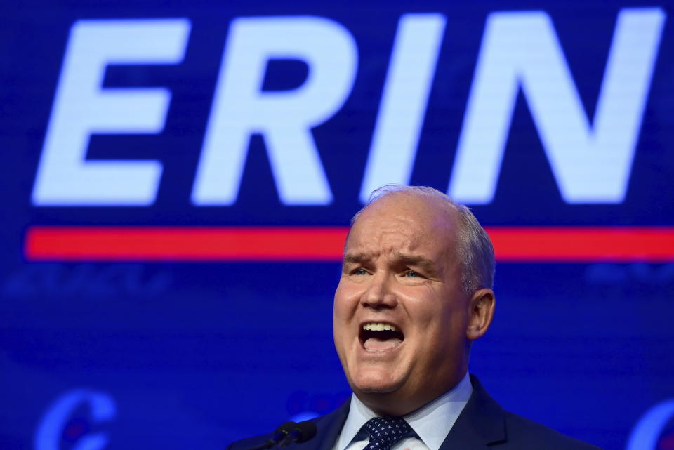 Conservative Party Leader Erin O'Toole speaks after his win at the leadership election, in Ottawa, Ontario, early Monday, Aug. 24, 2020. (Sean Kilpatrick/The Canadian Press via AP)