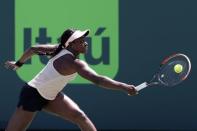 Mar 26, 2018; Key Biscayne, FL, USA; Sloane Stephens of the United States hits a backhand against Garbine Muguruza of Spain (not pictured) on day seven of the Miami Open at Tennis Center at Crandon Park. Stephens won 6-3, 6-4. Mandatory Credit: Geoff Burke-USA TODAY Sports