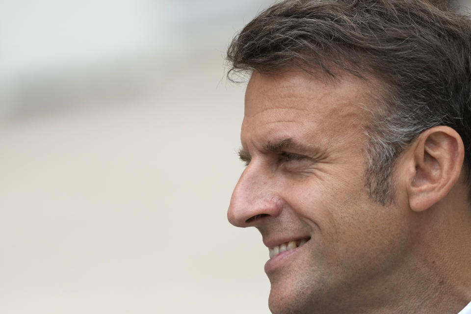 French President Emmanuel Macron listens to Portugal's Prime Minister Luís Montenegro before a working lunch, Wednesday, June 19, 2024 at the Elysee Palace in Paris. Earlier this month, President Emmanuel Macron dissolved the lower house of France's parliament in a surprise announcement sending voters back to the polls, after his party was handed a humbling defeat by the far-right in the European elections. (AP Photo/Thibault Camus)