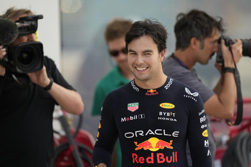 Red Bull driver Sergio Perez of Mexico reacts after finishing first during the qualifying session of the Formula One Miami Grand Prix auto race, at Miami International Autodrome in Miami Gardens, Fla., Saturday, May 6, 2023. (AP Photo/Rebecca Blackwell)