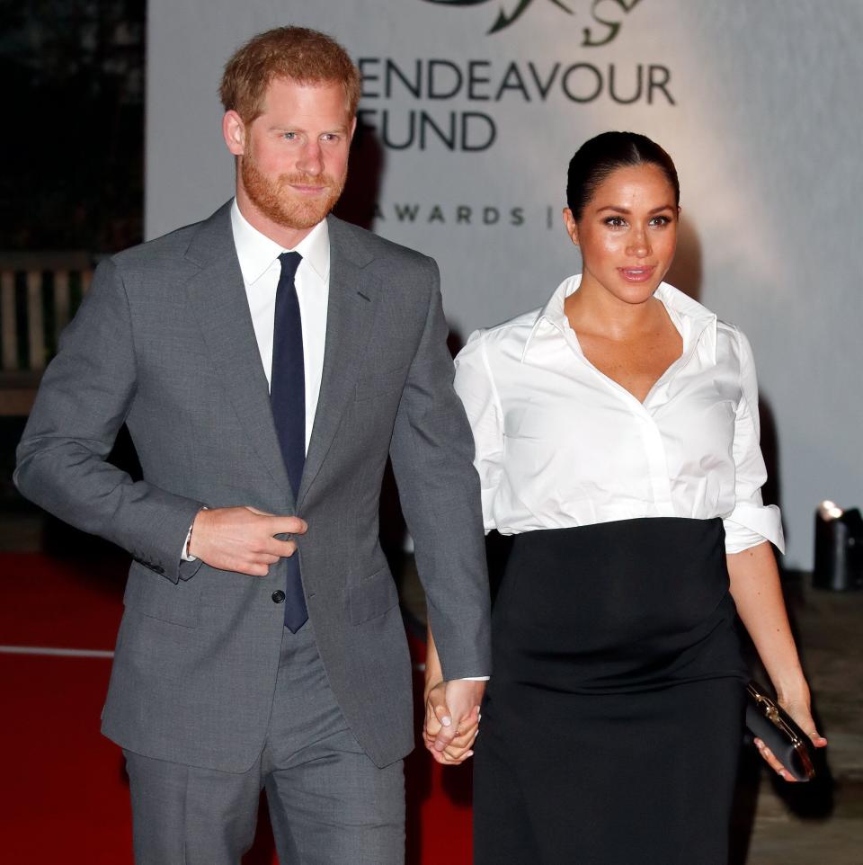 Markle wore a Givenchy-made custom maternity version of the look on Feb. 7, 2019, in London. (Max Mumby/Indigo via Getty Images)
