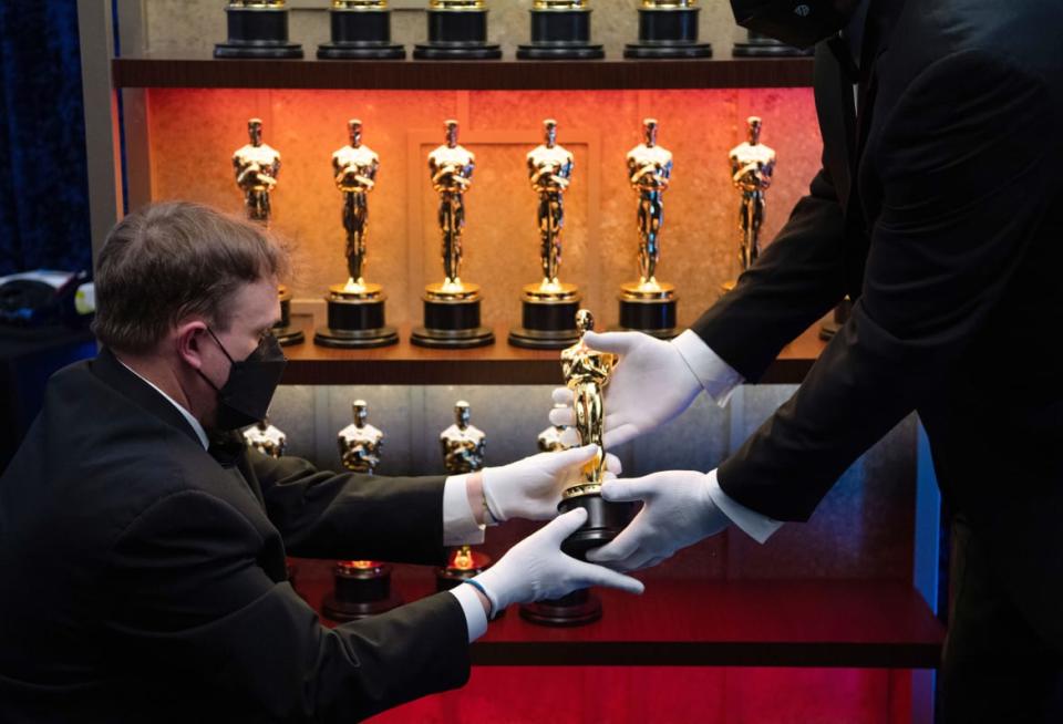 <div class="inline-image__caption"><p>The Oscar statuettes backstage during the 93rd Annual Academy Awards at Union Station on April 25, 2021, in Los Angeles, California.</p></div> <div class="inline-image__credit">Richard Harbaugh/Getty</div>