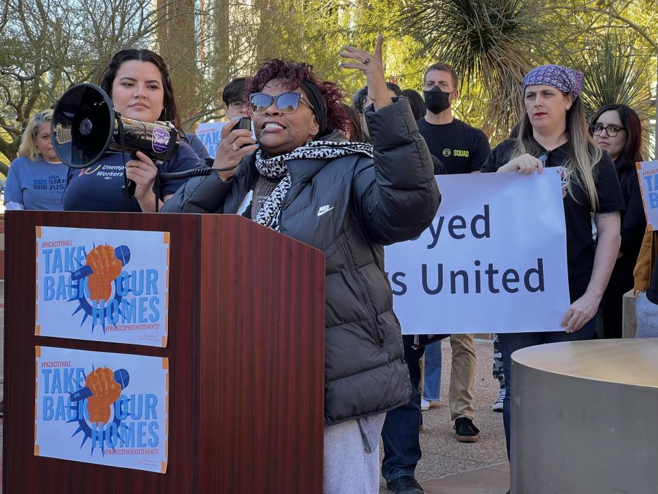 Dana Burns, of the south Phoenix organization Permanent Voice, asked Phoenix City Council on Feb. 1, 2023, to do more to help renters, especially seniors, facing income discrimination.