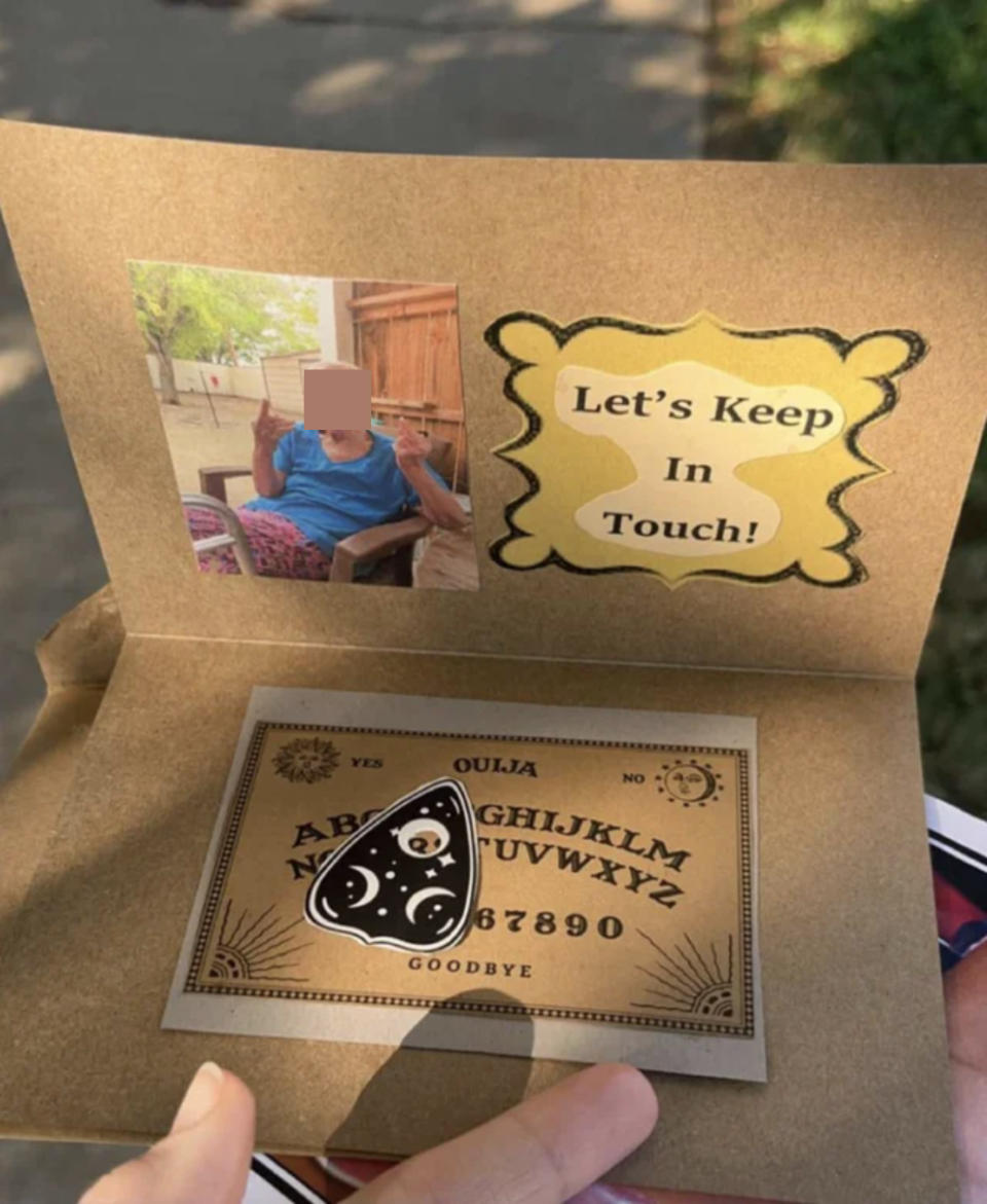 A greeting card with a "Let's keep in touch!" sign, a photo of the grandma, and a photo of a ouija board surface and a planchette with "goodbye" spelled out