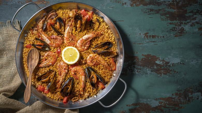 large pan of seafood paella 