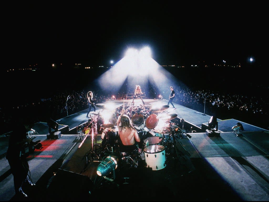 Metallica (L-R) Kirk Hammett, Lars Ulrich(back to camera) James Hetfield, Jason Newsted on the Nowhere Else to Roam tour, 1993  (Ross Halfin)