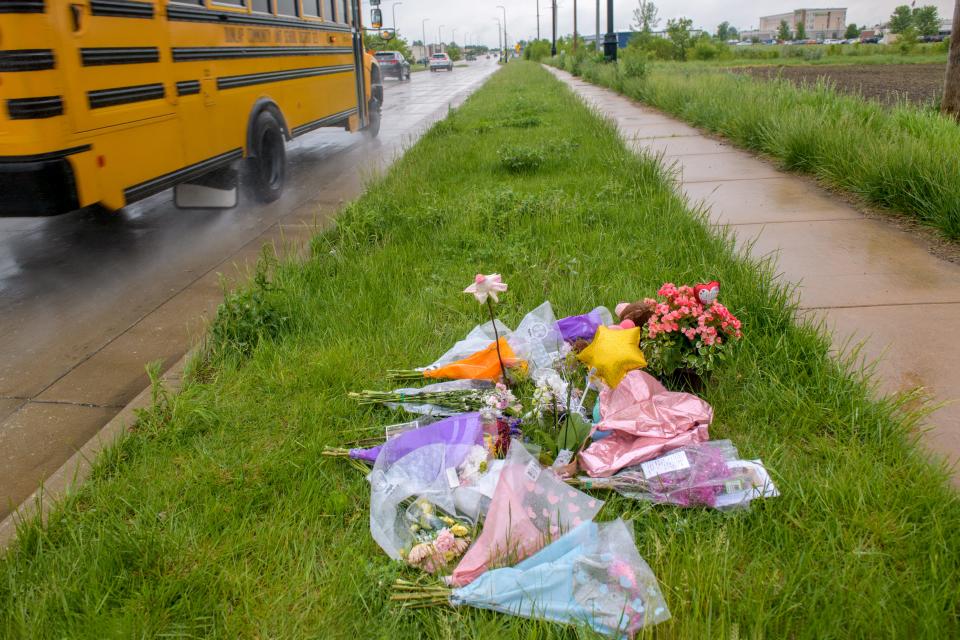 One of two memorials to Dunlap High School senior Nevaeh Mitchell, 18, lies along Orange-Prairie Road in North Peoria. The Princeville native died in a head-on collision on the road Sunday, May 5, 2024.