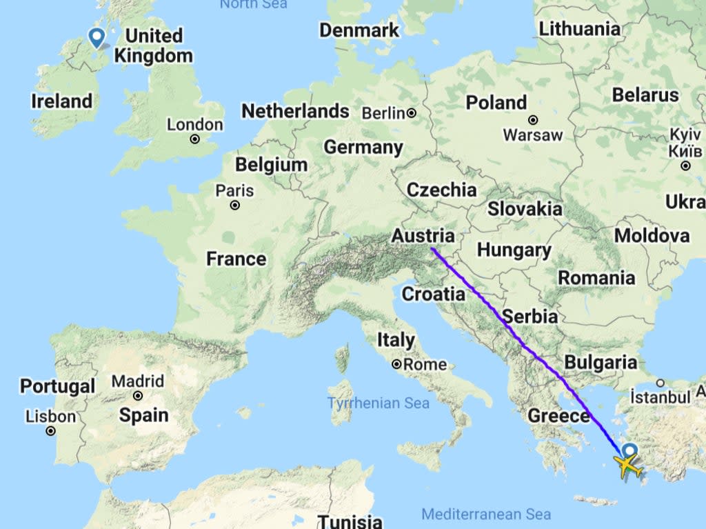 Homeward bound: the track of Tui flight 1649 from Kos to Belfast International (Flightradar24)
