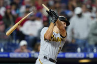 Pittsburgh Pirates' Bryan Reynolds breaks his bat on a ground out during the fifth inning of a baseball game against the Philadelphia Phillies, Friday, Sept. 24, 2021, in Philadelphia. (AP Photo/Matt Slocum)