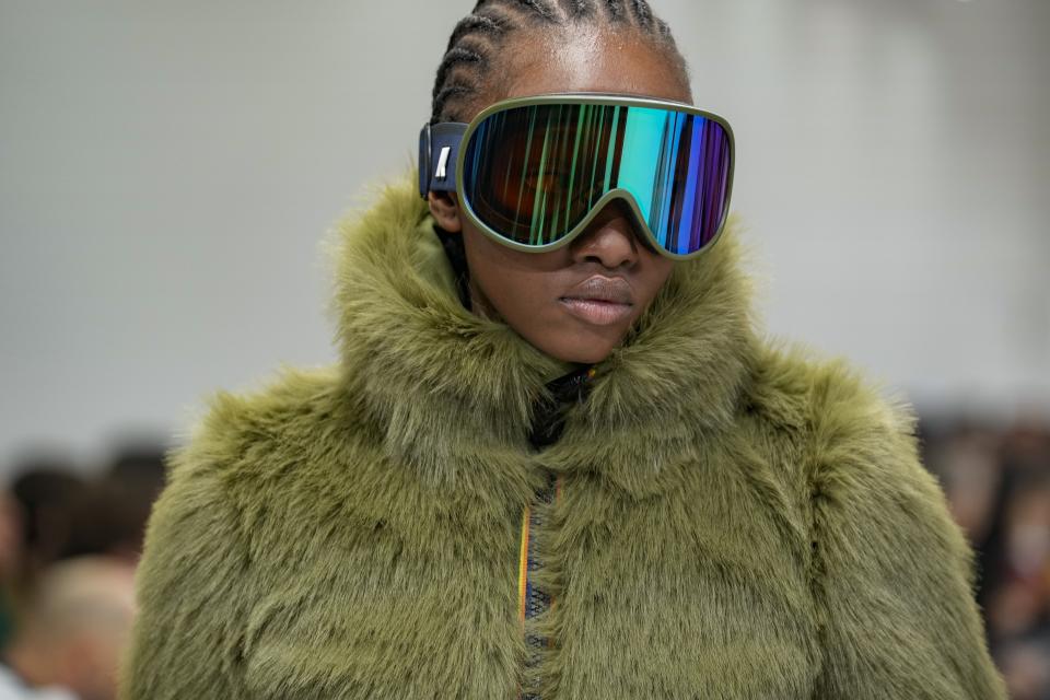 A model wears a creation as part of the men's K-Way Fall-Winter 2024-2025 collection, that was presented in Milan, Italy, Sunday, Jan. 14, 2024. (AP Photo/Antonio Calanni).