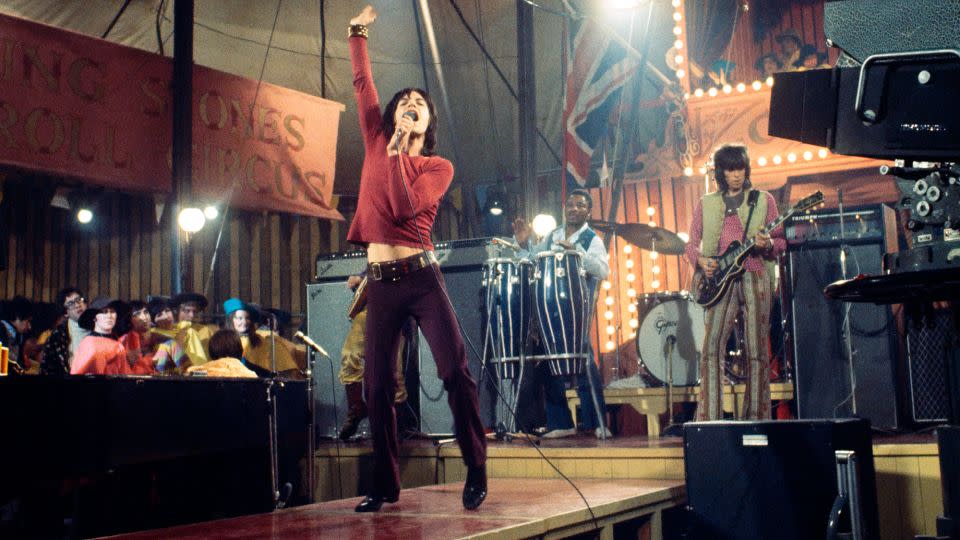 Mick Jagger sings at the "Rock and Roll Circus" show of 1968, a concert that saw the final performance by guitarist Brian Jones. - Spanish Tony Media/Bayliss Rare Books