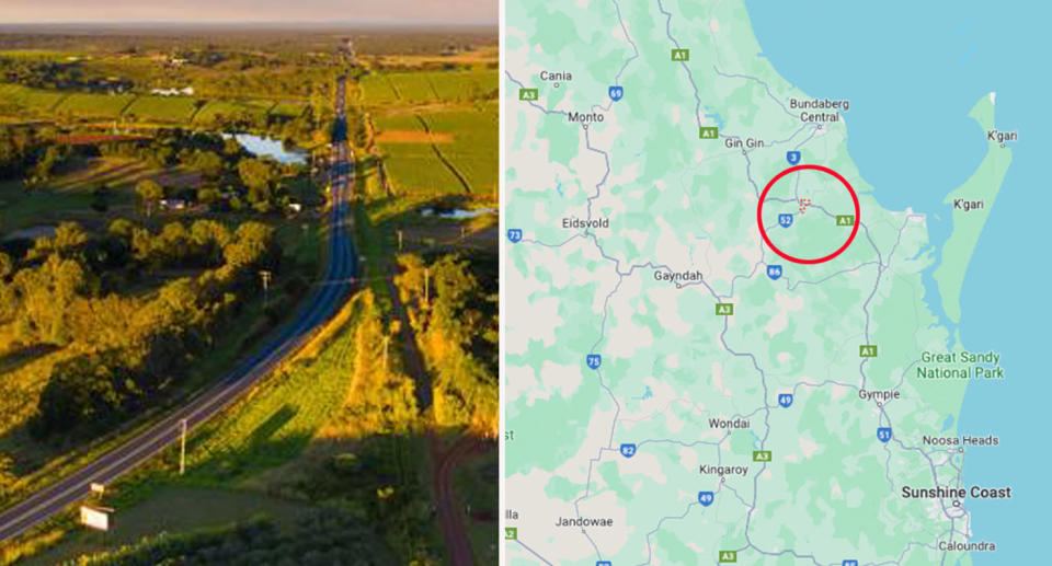 Left: Aerial view of Childers, Queensland. Right: Map showing part of Queensland, Australia. 
