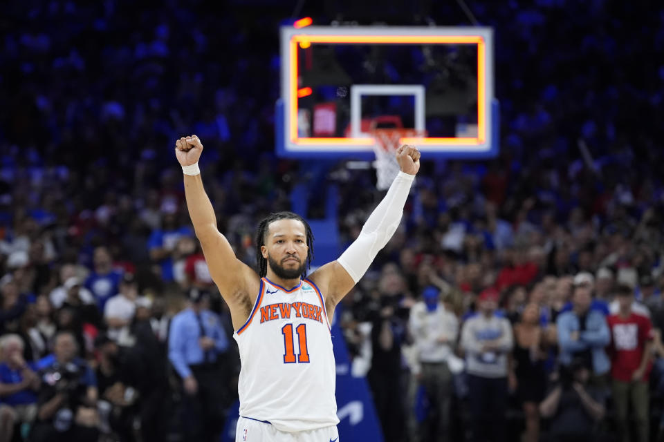 New York Knicks' Jalen Brunson reacts after winning Game 6 in an NBA basketball first-round playoff series against the Philadelphia 76ers, Thursday, May 2, 2024, in Philadelphia. (AP Photo/Matt Slocum)