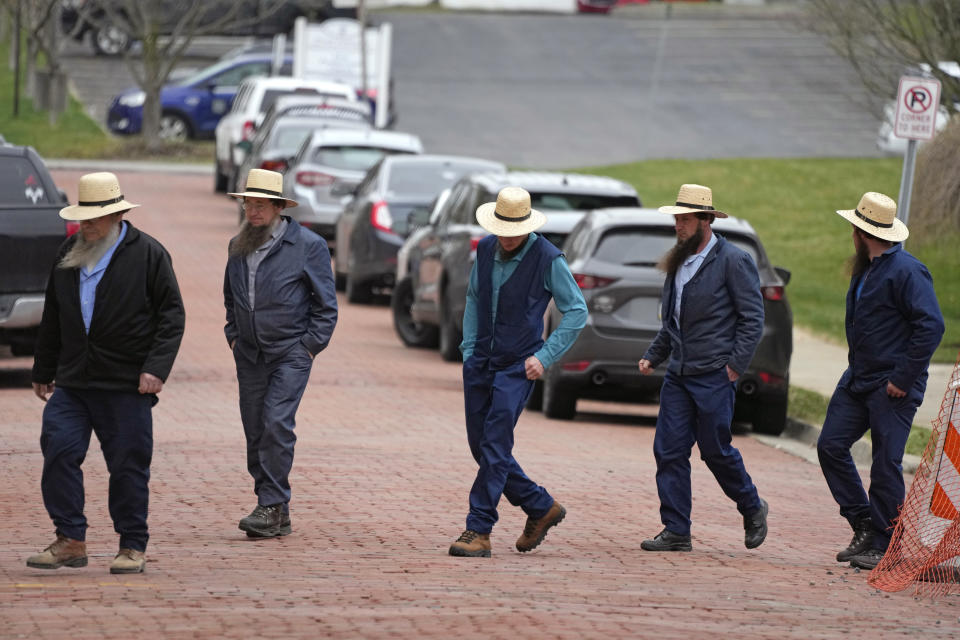 A group of Amish arrive at the Crawford County Judicial Center in Meadville, Pa., for the preliminary hearing for Shawn Christopher Cranston on Friday Mar. 15, 2024. Cranston is being held in connection with the murder of Rebekah A. Byler and her unborn in her home in Spartansburg, Pa., on Feb. 26, 2024. (AP Photo/Gene J. Puskar)