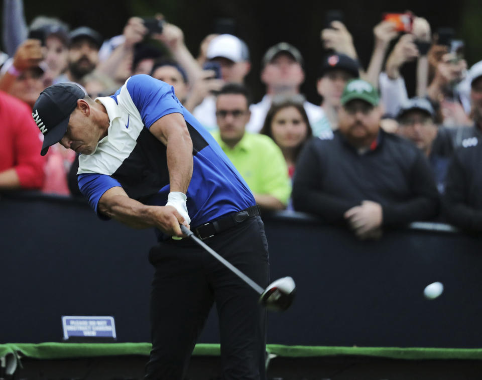 Brooks Koepka hits off the 16th tee during the final round of the PGA Championship golf tournament, Sunday, May 19, 2019, at Bethpage Black in Farmingdale, N.Y. (AP Photo/Charles Krupa)