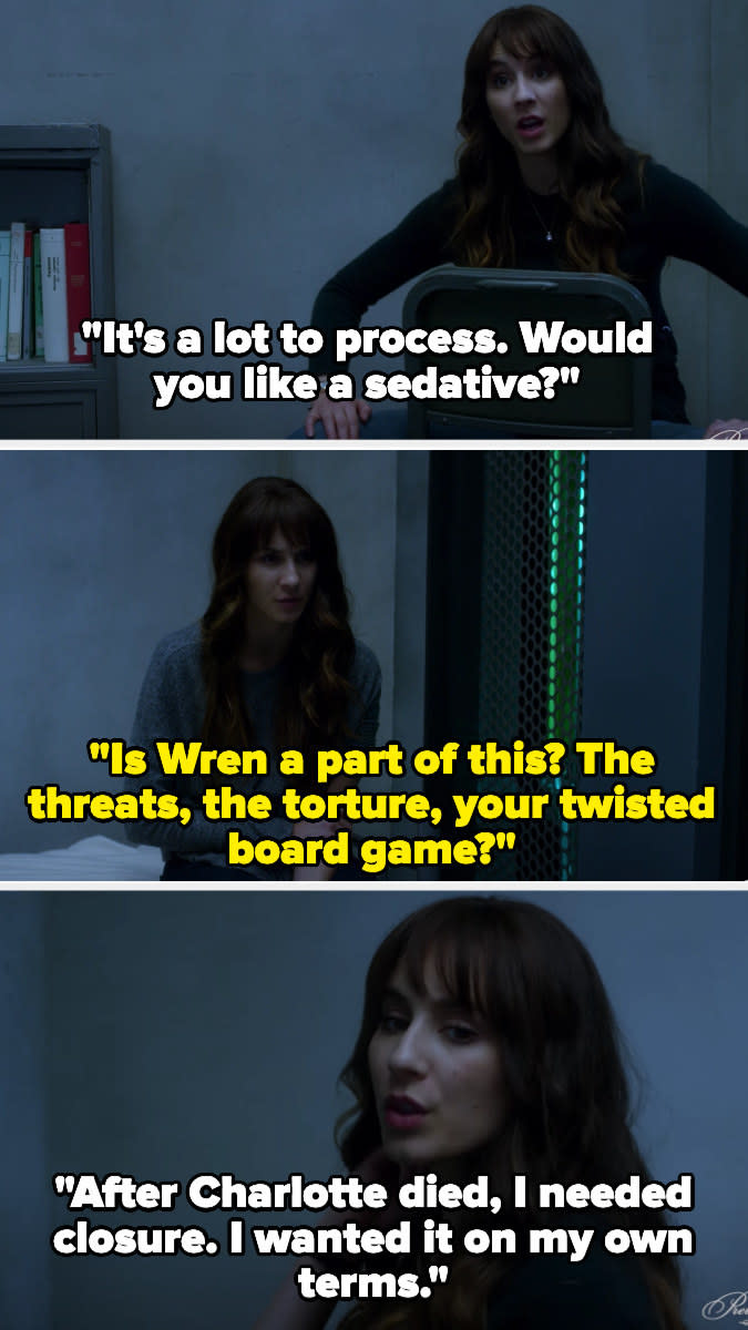 Alex tells Spencer it's a lot to process, offering her a sedative; Spencer asks if Wren is involved in her torture, and Alex starts to tell about her motives after Charlotte died