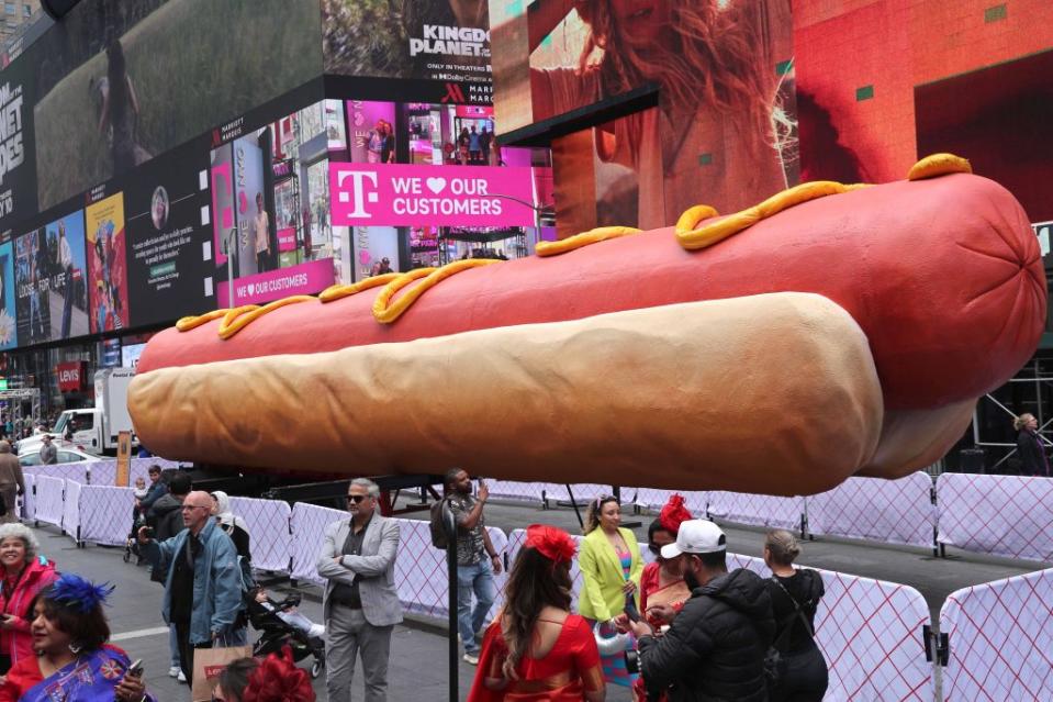 The Times Square hot dog installation by sculptors Jen Catron and Paul Outlaw. G.N.Miller/NYPost