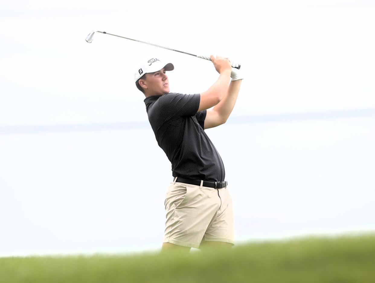 Dain Richie hits the tee shot on No. 5 during the final round of the Men's City golf tournament at Panther Creek Country Club on Sunday, August 6, 2023.