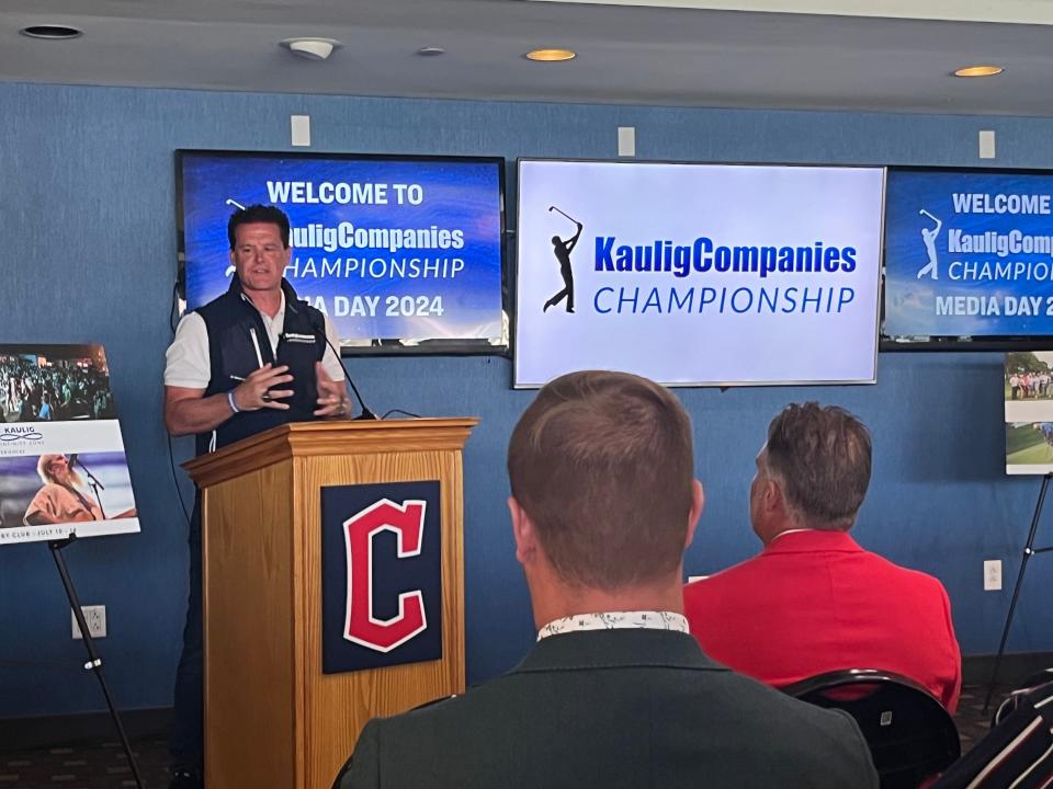 Matt Kaulig speaks at the Kaulig Companies Championship's media day Tuesday at Progressive Field in Cleveland.