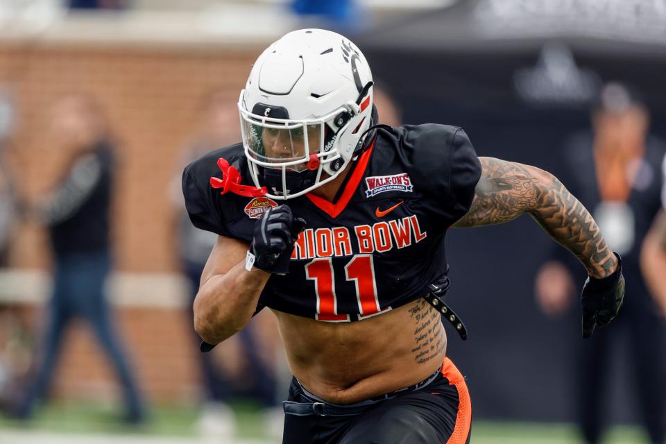 National linebacker Ivan Pace Jr. of Cincinnati runs drills during practice for the Senior Bowl NCAA college football game Wednesday, Feb. 1. He would finish with 10 tackles to be the game's defensive MVP.