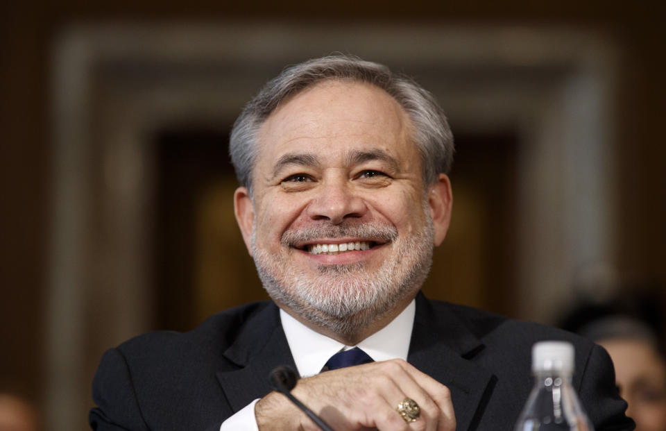 Secretary of Energy nominee Dan Brouillette smiles during a Senate hearing on his nomination, Thursday, Nov. 14, 2019, on Capitol Hill in Washington. (AP Photo/Jacquelyn Martin)