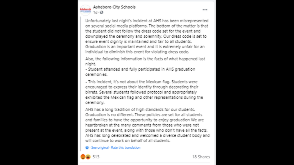 The Asheboro City Schools posted this late Friday, but their Facebook page was inaccessible over the weekend.