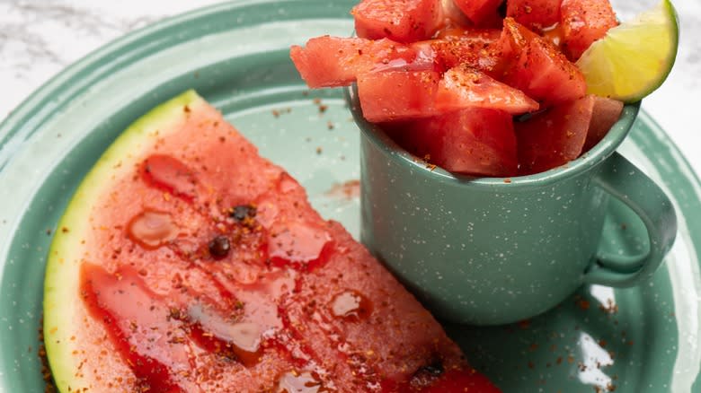 Watermelon on a plate with chamoy and Tajin