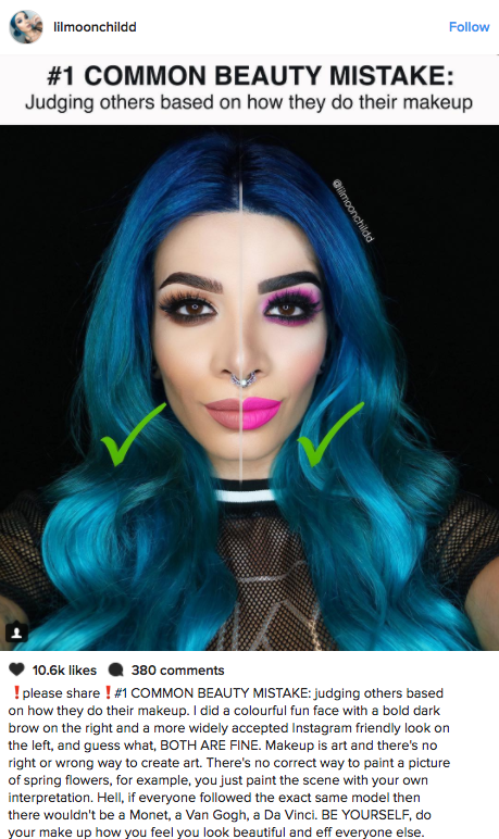 Yasaman Gheidi illustrated makeup shaming with a side-by-side photo of two completely different makeup looks on Instagram.