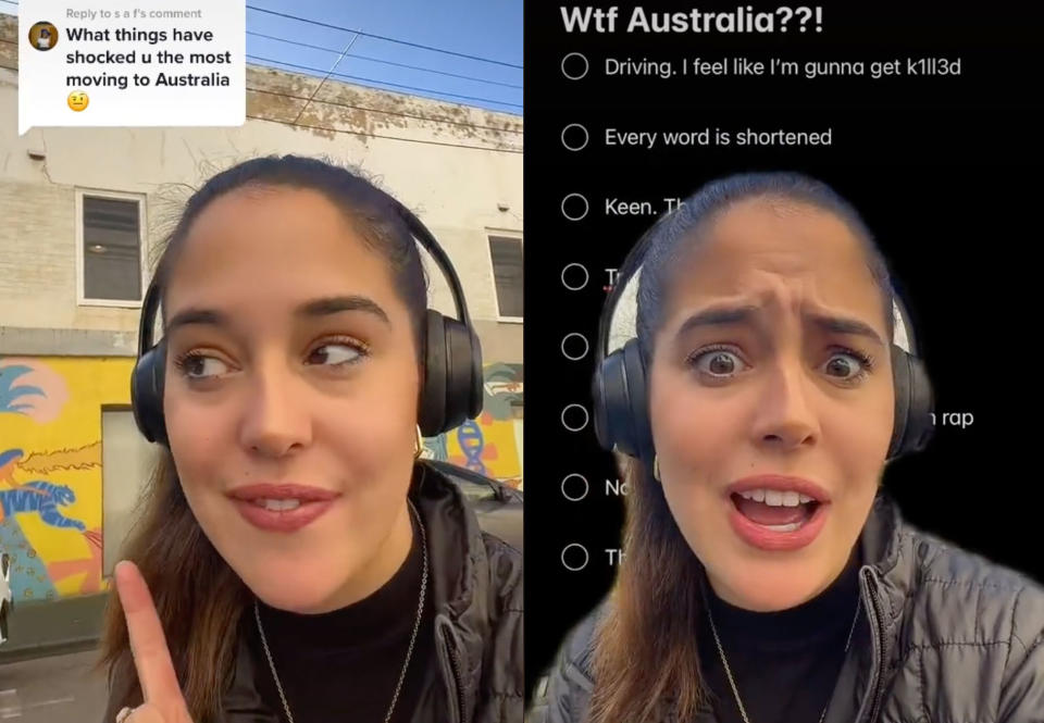 Tate Duane speaks to the camera on TikTok to explain what Australian habits she found most shocking