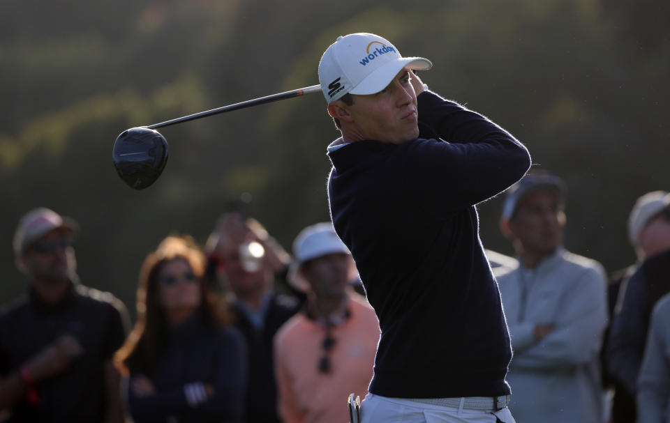 Matt Fitzpatrick of England tees off the 18th hole during the first round of The Genesis Invitational at Riviera Country Club on February 15, 2024 in Pacific Palisades, California. (Photo by Harry How/Getty Images)