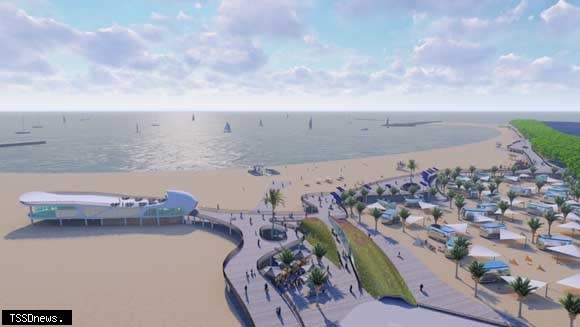 漁光島沙灘未來規劃示意圖（旅客服務中心、特色體驗基地及觀夕漁光平台）。（圖：高雄港務分公司提供）