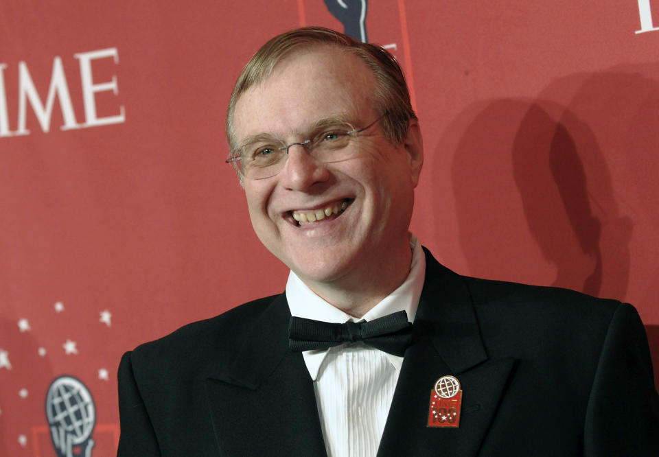 FILE - In this May 8, 2008 file photo, Vulcan Inc. Founder and Chairman Paul Allen attends Time's 100 Most Influential People in the World Gala in New York. Allen, billionaire owner of the Trail Blazers and the Seattle Seahawks and Microsoft co-founder, died Monday, Oct. 15, 2018 at age 65. Earlier this month Allen said the cancer he was treated for in 2009, non-Hodgkin’s lymphoma, had returned. (AP Photo/Evan Agostini, File)