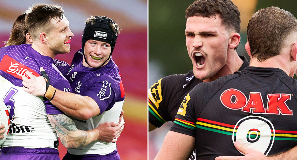 On the left are Melbourne Storm players and Panthers captain Nathan Cleary is on the right.