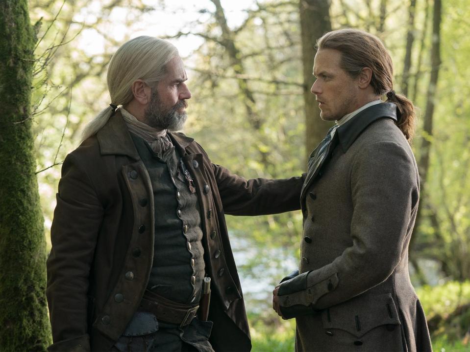 Murtagh Fraser (Duncan Lacroix) and Jamie Fraser (Sam Heughan) in "Outlander" season five.