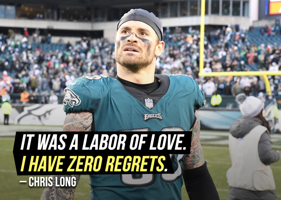 Former Eagles QB Chris Long tells NBC Sports about his <a href="https://sports.yahoo.com/chris-long-on-retirement-it-was-a-labor-of-love-i-have-zero-regrets-152503580.html" data-ylk="slk:decision to retire;elm:context_link;itc:0;sec:content-canvas;outcm:mb_qualified_link;_E:mb_qualified_link;ct:story;" class="link  yahoo-link">decision to retire</a>.