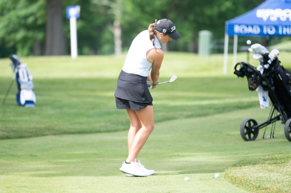 Kaleigh Telfor practices before the start of the Epson Tour 2024 FireKeepers Casino Hotel Championship at Battle Creek Country Club on Tuesday, June 4, 2024.