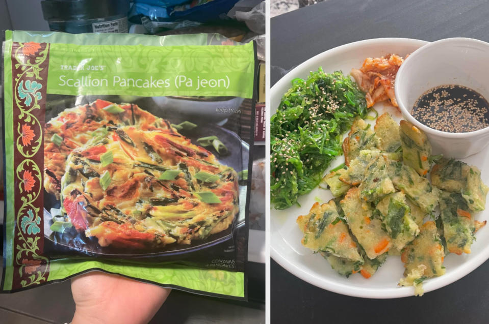 Packaged Scallion Pancakes next to a plated serving with dipping sauce and kimchi