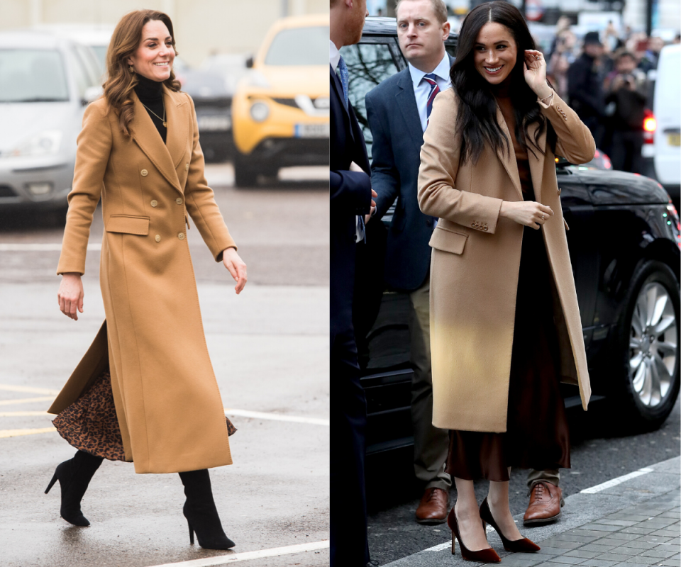 Kate Middleton and Meghan Markle in camel coats. Images via Getty.