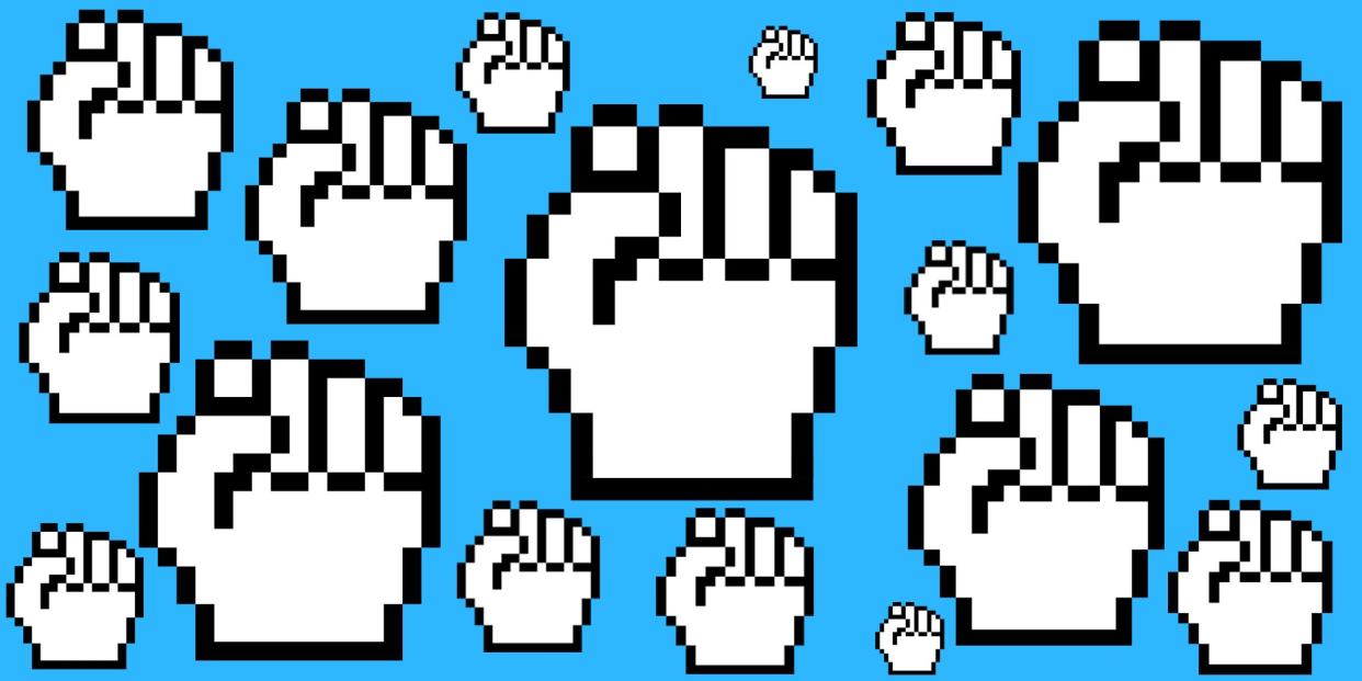 Illustrated computer cursors in the shape of fists are animated to appear and fill up the frame.