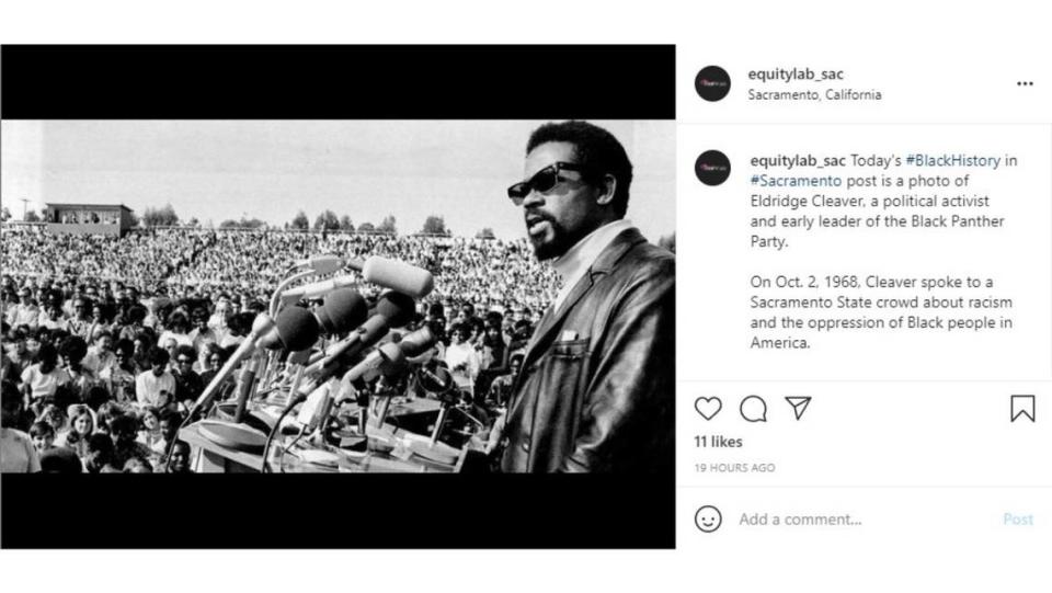 Today’s #BlackHistory in #Sacramento post is a photo of Eldridge Cleaver, a political activist and early leader of the Black Panther Party. On Oct. 2, 1968, Cleaver spoke to a Sacramento State crowd about racism and the oppression of Black people in America.