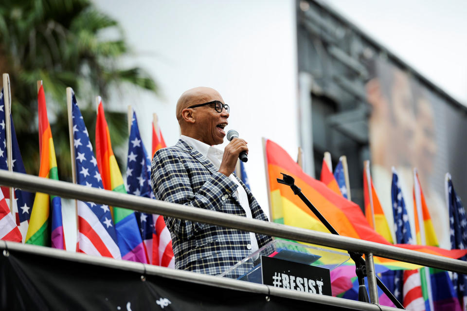 RuPaul addresses the crowd in Los Angeles