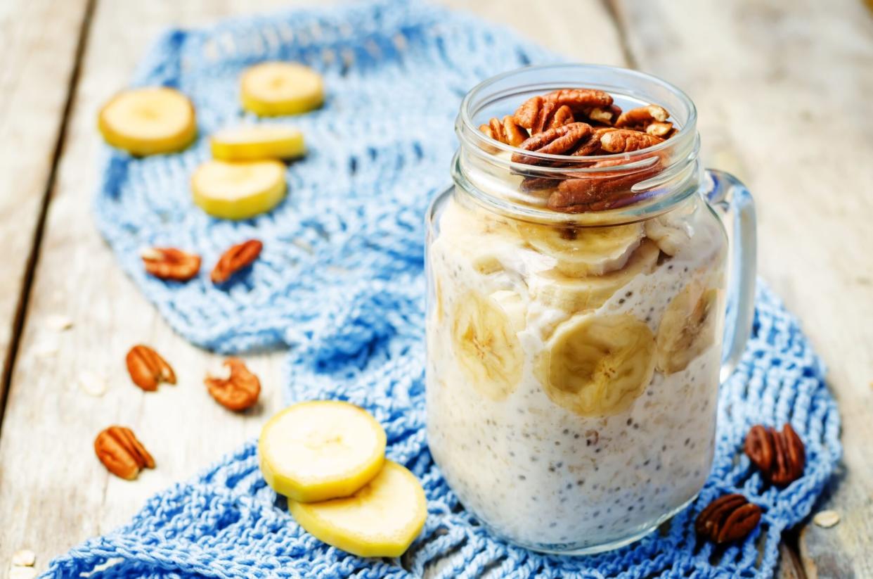 homemade healthy Chia seeds and banana overnight oatmeal in jar